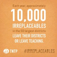 TNTP infographic showing that every year, 10,000 irreplaceable teachers in the 50 largest districts leave their districts or teaching.