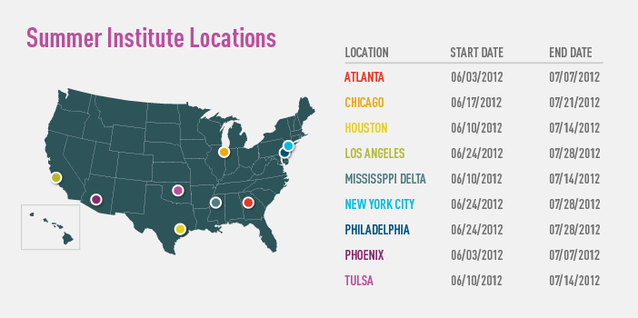 Map featuring locations and dates for Teach For America Summer Institutes, 2012.
