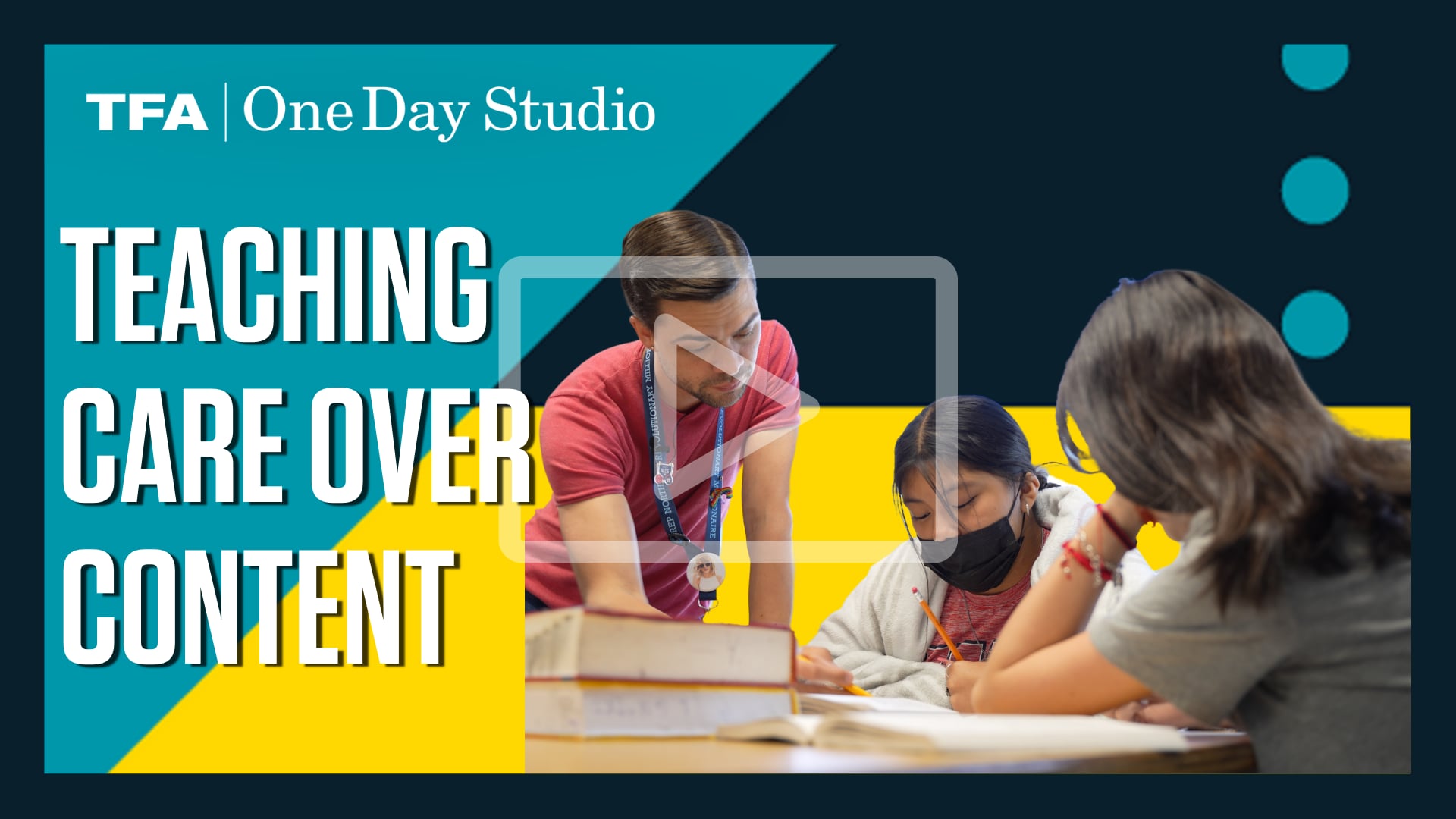 A teacher engages with a couple students over a book. The photo sits on a geometric background with shades of blue and yellow