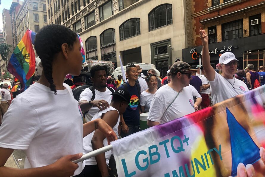 A group of Teach For America alumni, staff, and partners march at New York Pride commemorating 50 years after Stonewall.