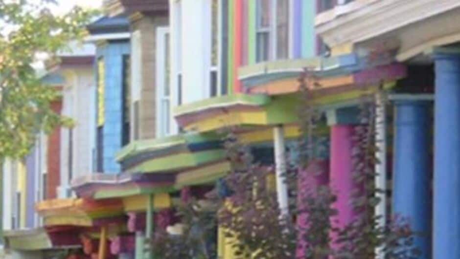 Brightly colored Victorian row houses in Charles Village, known as the "painted ladies."