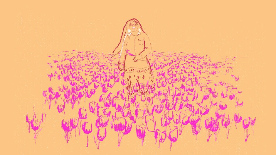 An illustration of a young woman standing in the middle of a field of flowers.