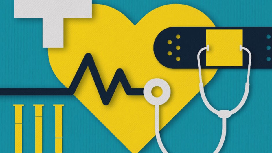 An illustration of a yellow heart with a navy heartline going into a stethoscope and navy and yellow bandaid on a teal background 