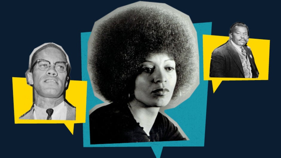 A photo illustration with the figures Malcolm X, Angela Davis, and Marcus Garvey in yellow and teal speech bubbles on a navy blue background