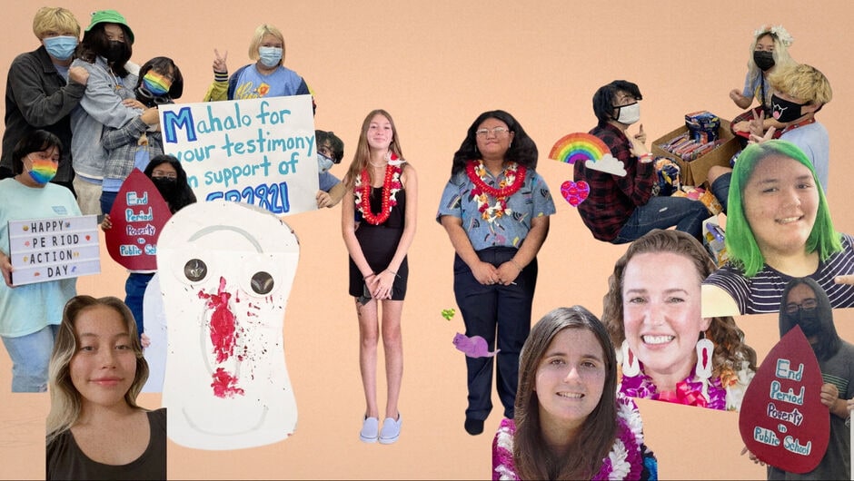 An collage of cutouts of different students, some holding signs promoting period equity