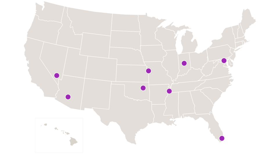 A map of the United States with dots on Baltimore, Indianapolis, Kansas City, Tulsa, Las Vegas, Memphis, Miami and Phoenix