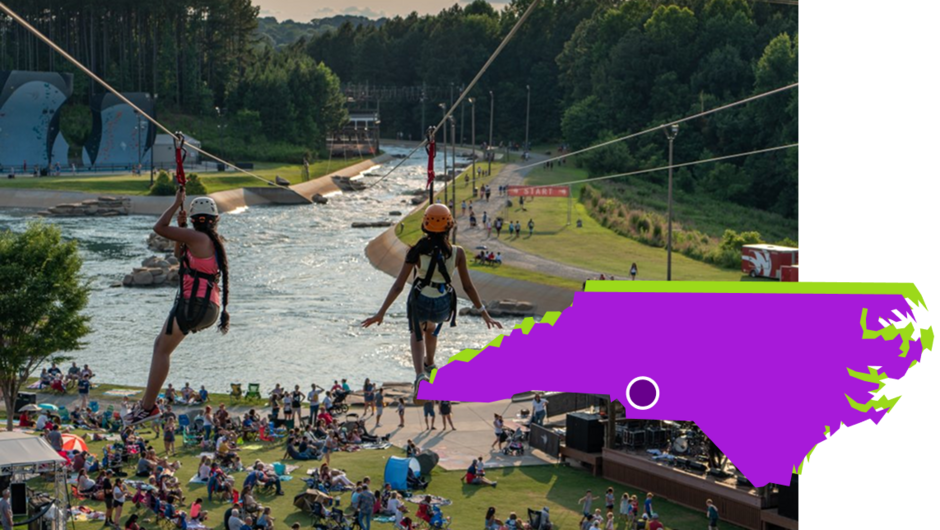 An image of people on a zip line overlaid with a purple North Carolina graphic.