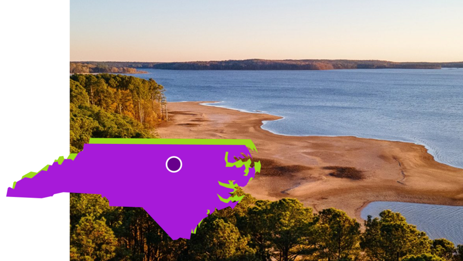An image of a beach overlaid with a purple North Carolina graphic.