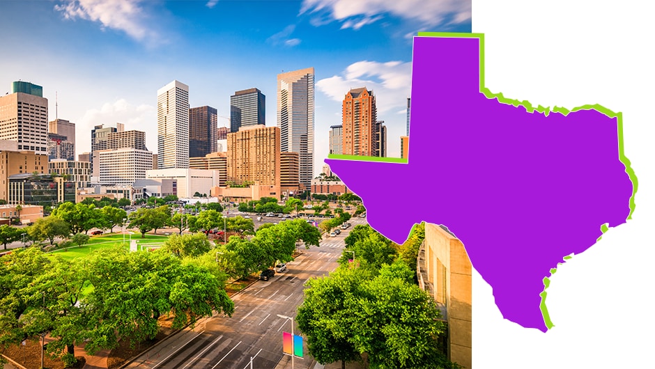 Image of downtown Houston overlaid with an image of Texas state.
