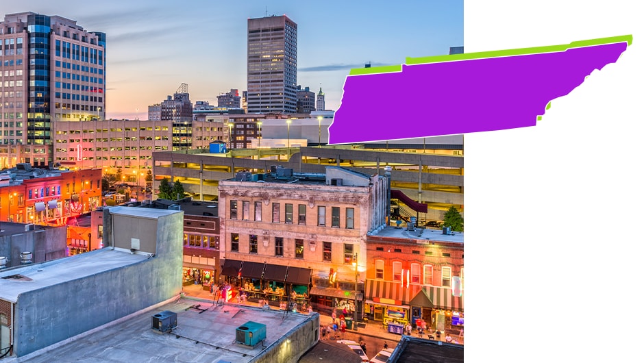 Image of downtown Memphis overlaid with an image of Tennessee state.