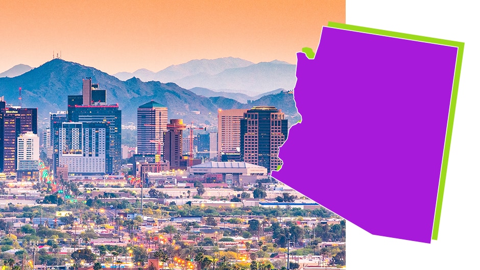 Image of downtown Phoenix overlaid with an image of Arizona state.