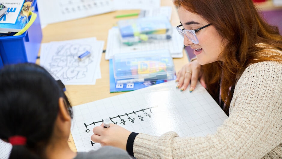 A teacher and student working together in the classroom.