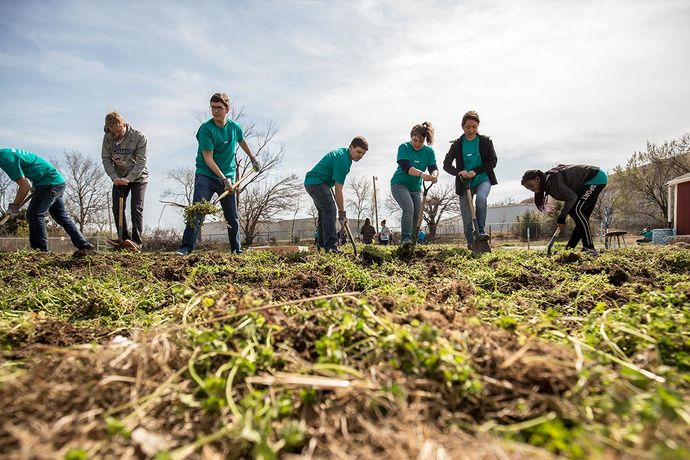 College students work on a garden building project with the nonprofit Global Gardens
