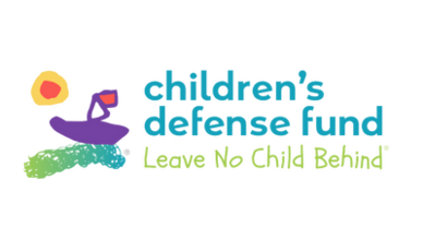 Logo includes a child's drawing of a boat and a sun and reads: children's defense fun leave no child behind