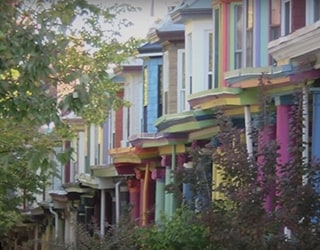 Colorful row homes line the streets of Baltimore