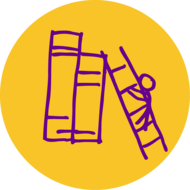 Illustration of a stick figure climbing a ladder to the top of giant books