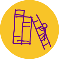 An illustration of a stick figure climbing a ladder to the top of giant books.
