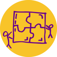 Illustration of two people building a big puzzle together