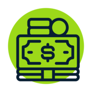stack of bills and coins icon over a lime green circle