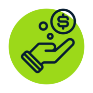 Hand holding a circle with money sign on it icon over a lime green circle