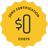 A badge with text that reads Zero certification costs