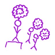 alt text: a purple illustration of figures with though bubbles